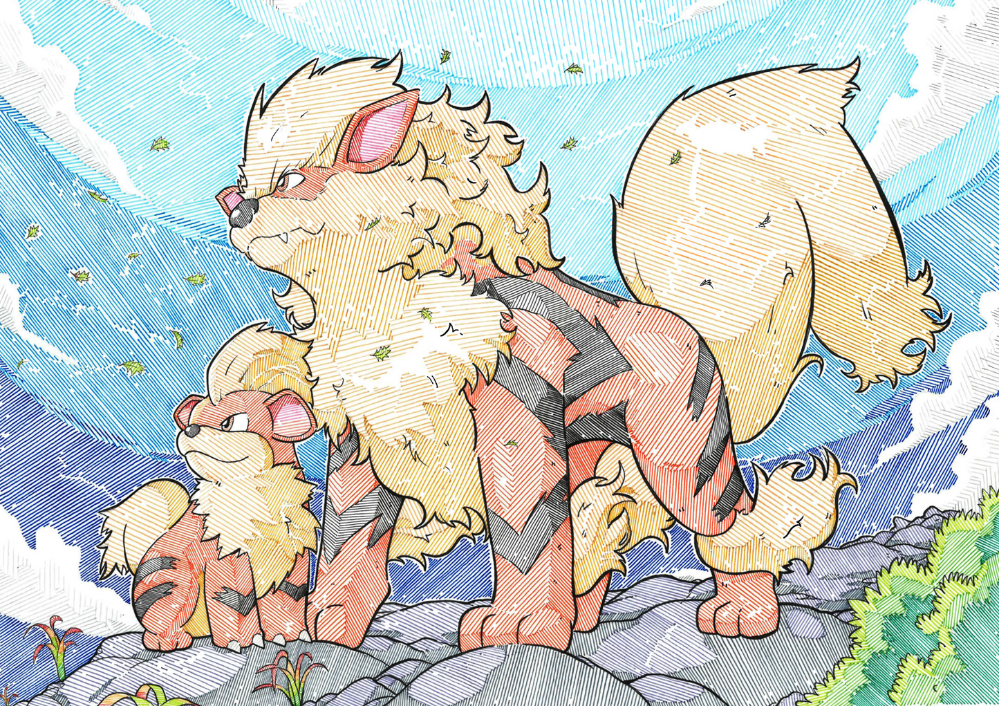 Arcanine & Growlithe Print (Large Size)