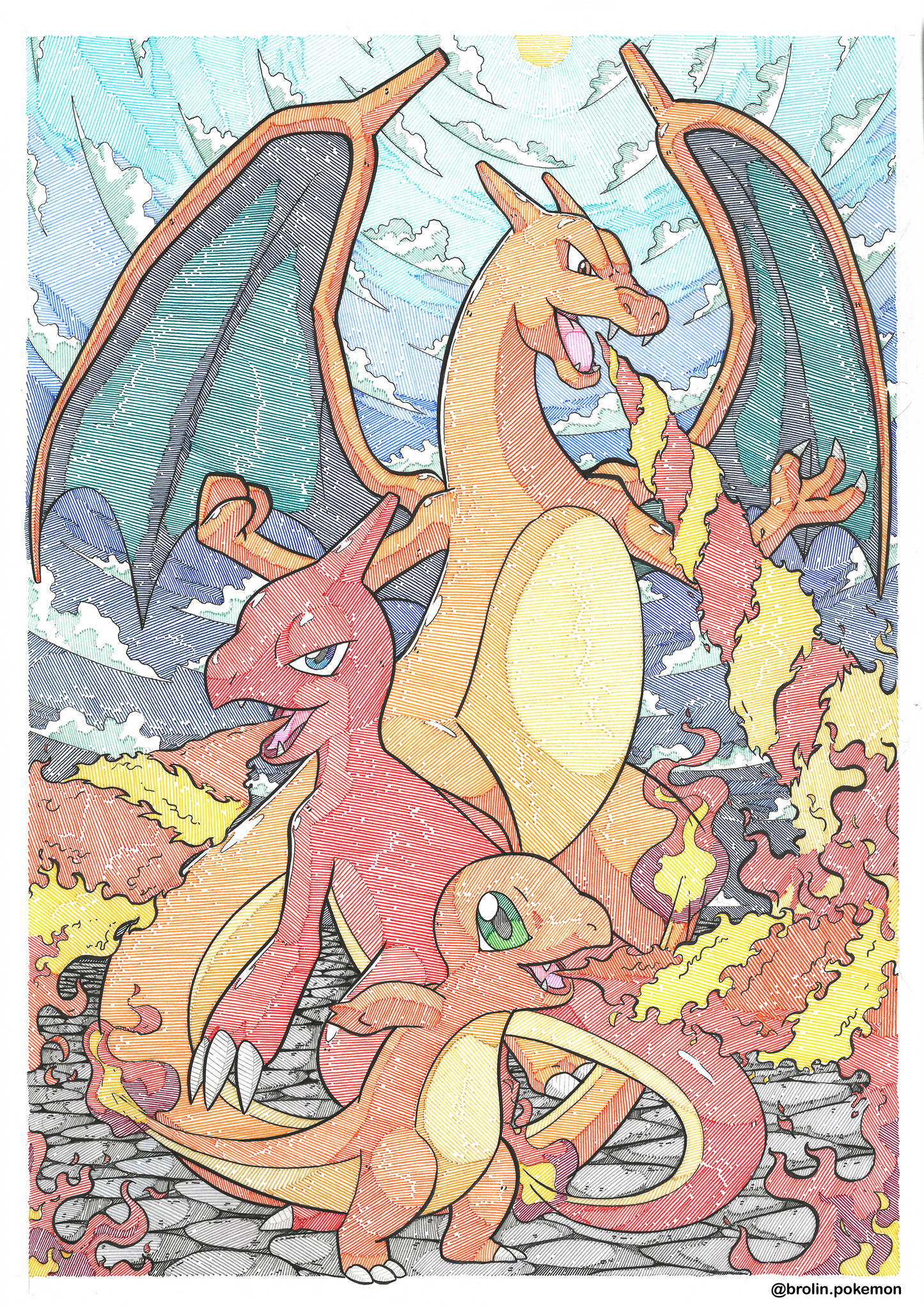 Charizard, Charmeleon & Charmander Print - A4 Size