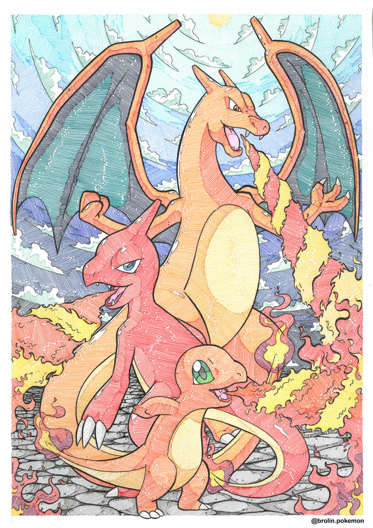 Charizard, Charmeleon & Charmander Print - A4 Size